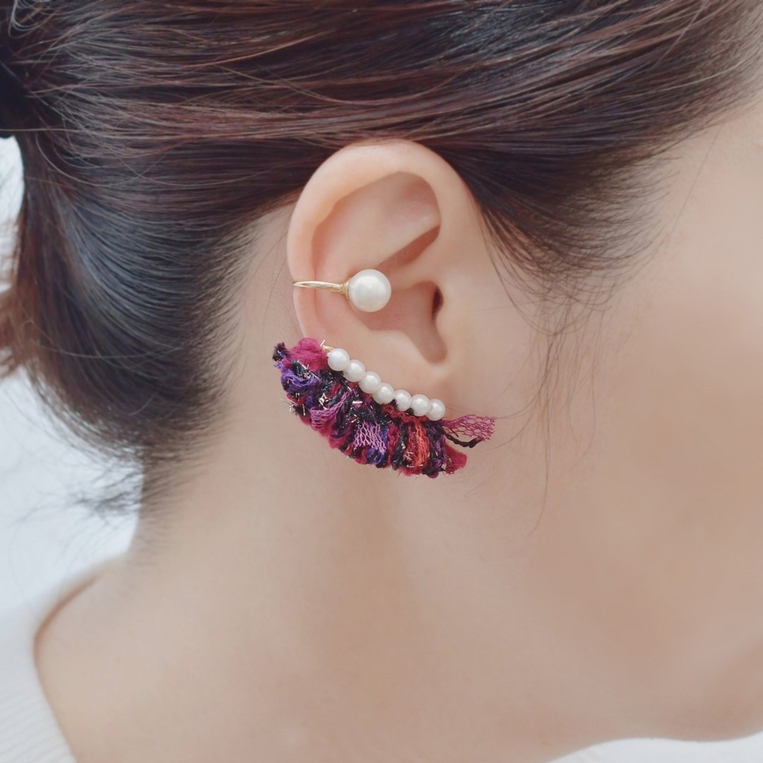 Pearl and tassel ear cuffs / Wine red - 耳环/耳夹 - 其他材质 红色