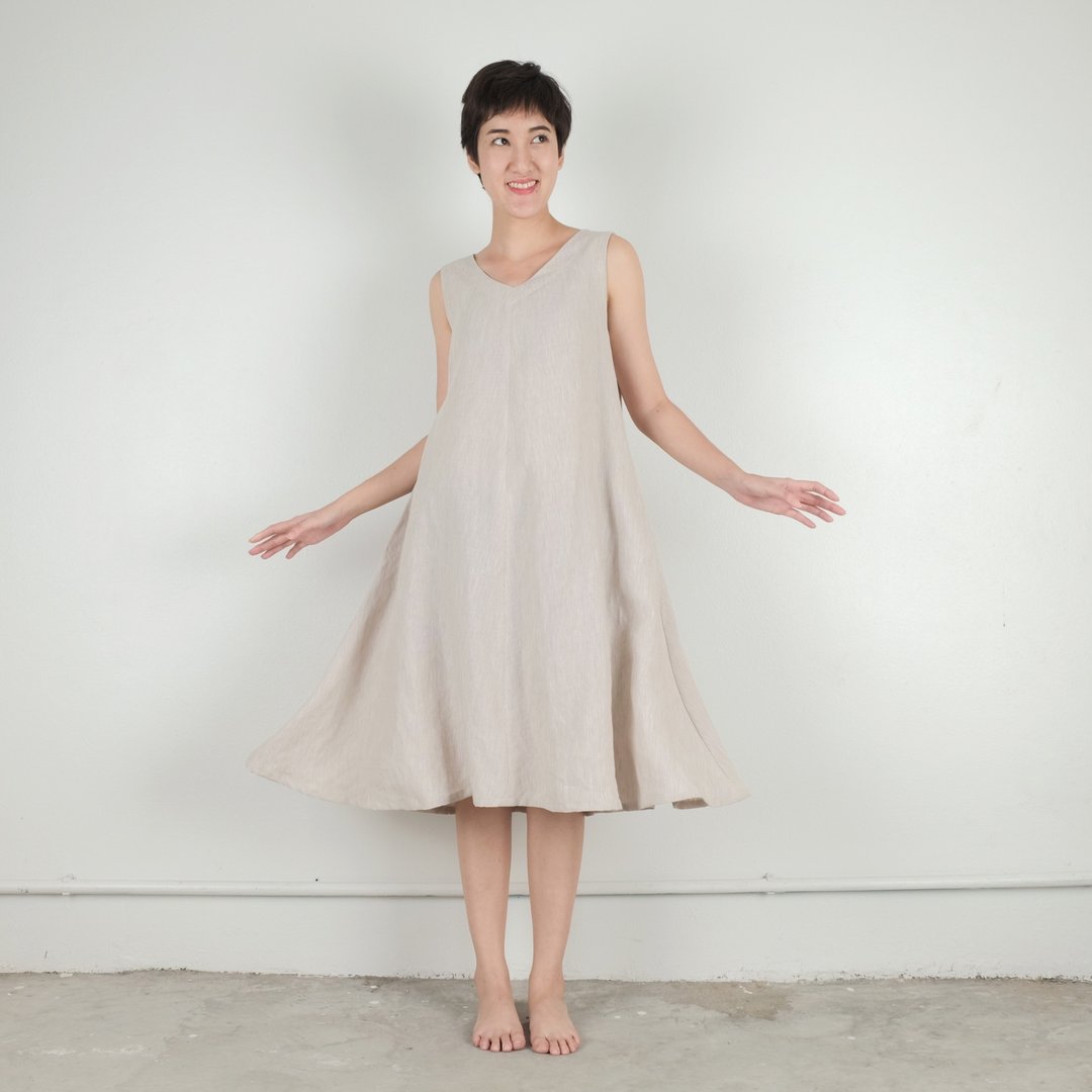 A-dress Linen Fabric (Brown Striped) - 洋装/连衣裙 - 棉 咖啡色