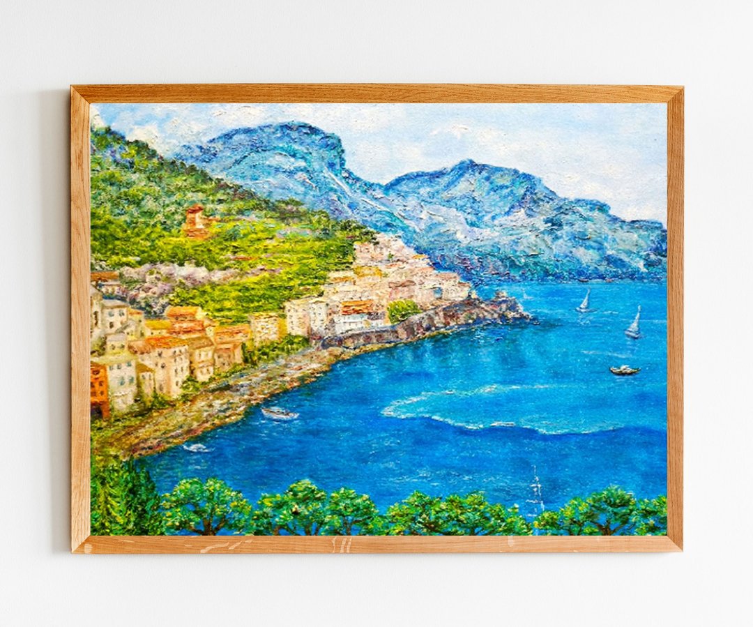 海景意大利油画 原创艺术 海岸绘画 山墙装饰 - 墙贴/壁贴 - 木头 蓝色
