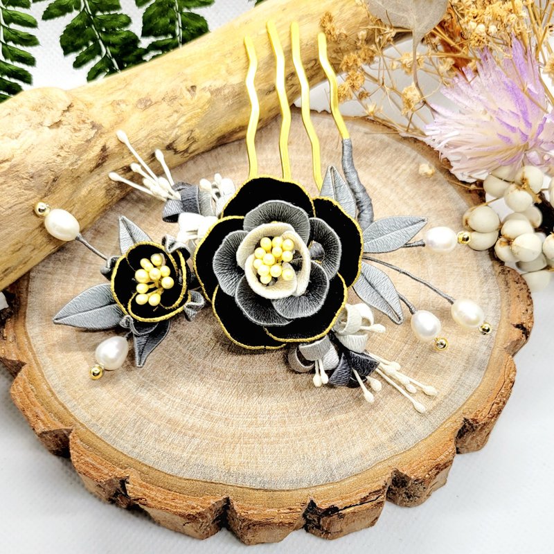 缠花 蔷薇花发梳/四齿梳(黑灰色系) 春仔花 日本绣线 - 发饰 - 绣线 