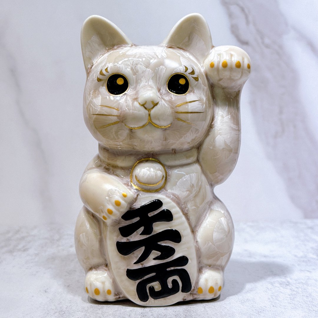 【杏晶千万】日本清水烧招财猫 | 花结晶 杏 千万両 左 - 摆饰 - 瓷 卡其色