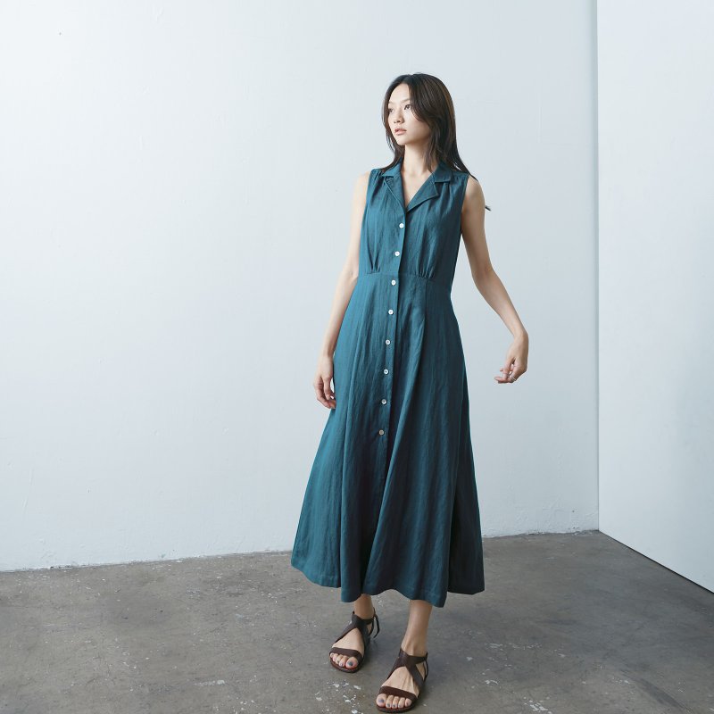 复古领背心洋装 - 蓝绿 - 洋装/连衣裙 - 棉．麻 蓝色