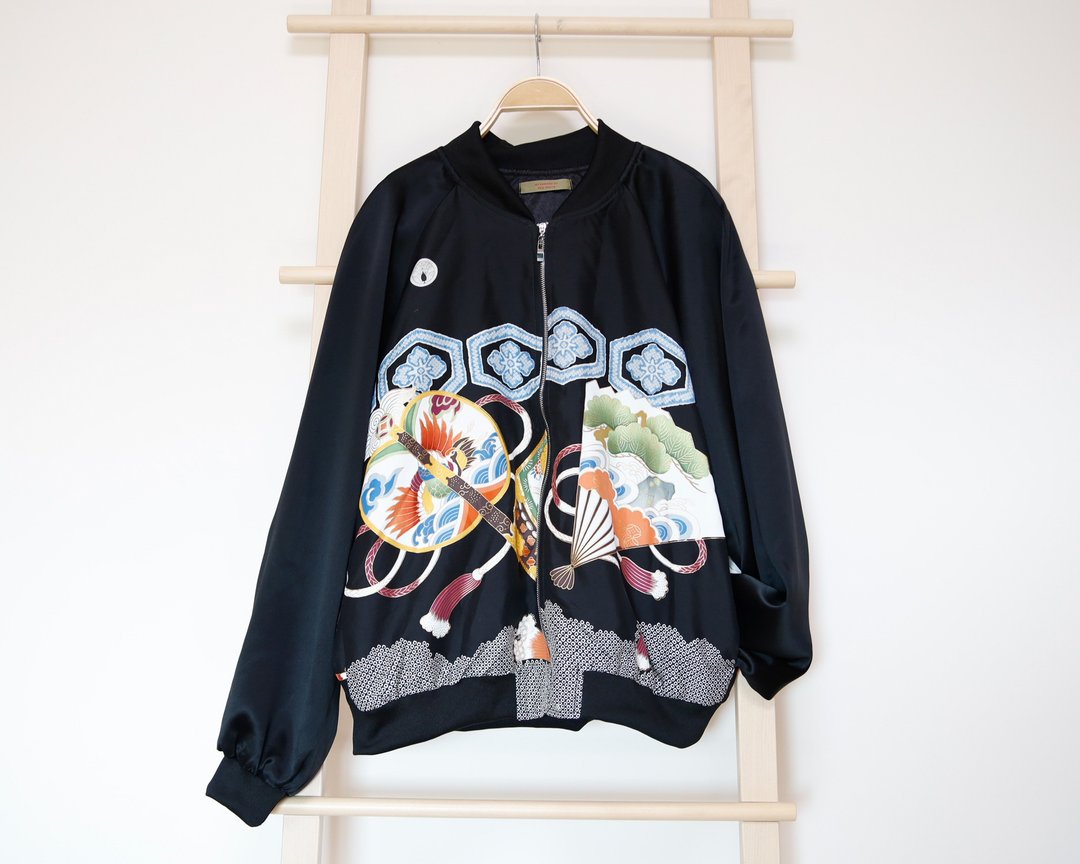 以复古和服制成的飞行员夹克 黑色 独一无二 包邮 和服改造 - 女装休闲/机能外套 - 丝．绢 黑色
