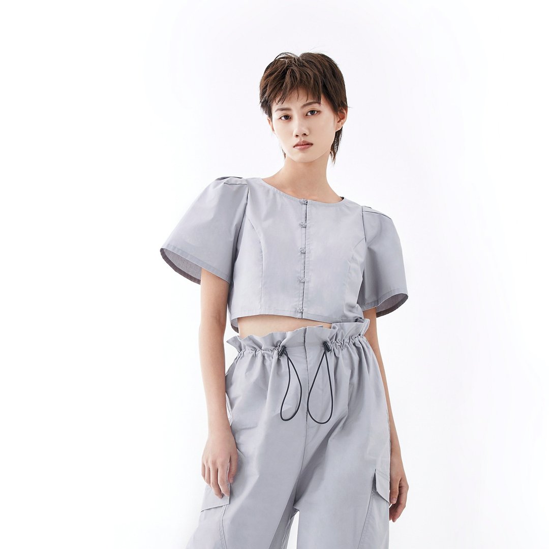 立体抛袖短衬衫 - 女装衬衫 - 棉．麻 灰色