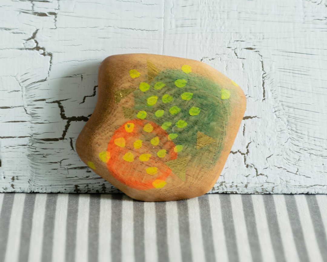 Small Abstract Hand Painted Wood Pocket Mirror (yellow dots) - 彩妆刷具/镜子/梳子 - 木头 橘色