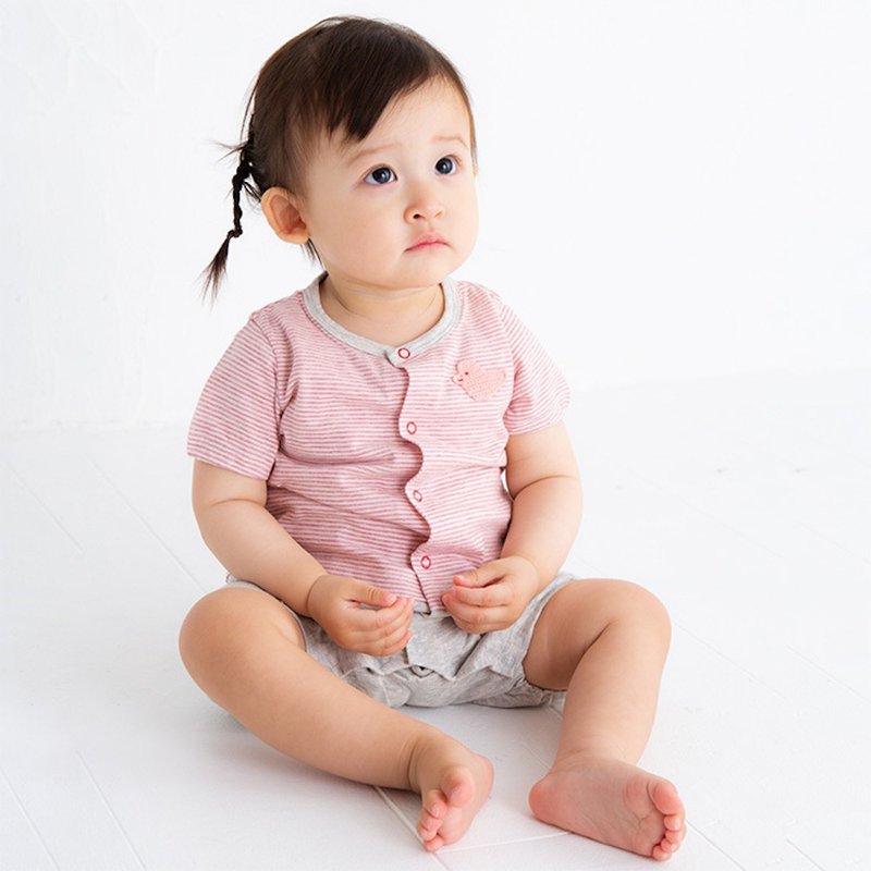 Y-8004 100% Organic Cotton Tenjiku Short Sleeve Rompers Separate Style Red Adaptation Height 70cm-80cm One Size Popkins Baby Made in Japan - 包屁衣/连体衣 - 棉．麻 红色