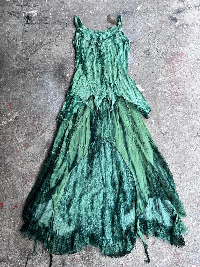 喜迎瑶 尼泊尔 植物染 刺绣背心 蕾丝拼接裙 长裙 民族风 嬉皮 - 裙子 - 棉．麻 绿色