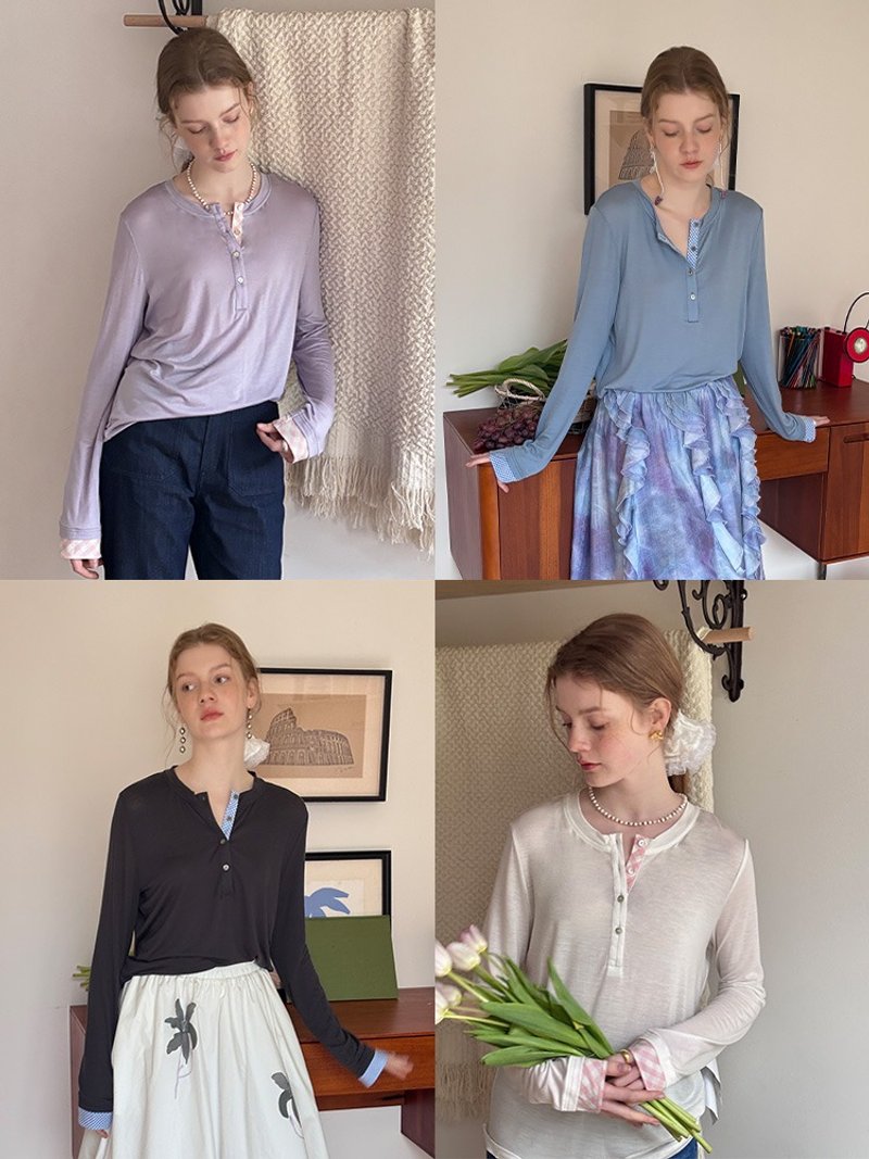 MintCheese穿上就不想脱 天丝莱赛尔超绵软格纹拼接亨利领上衣 - 女装上衣 - 棉．麻 