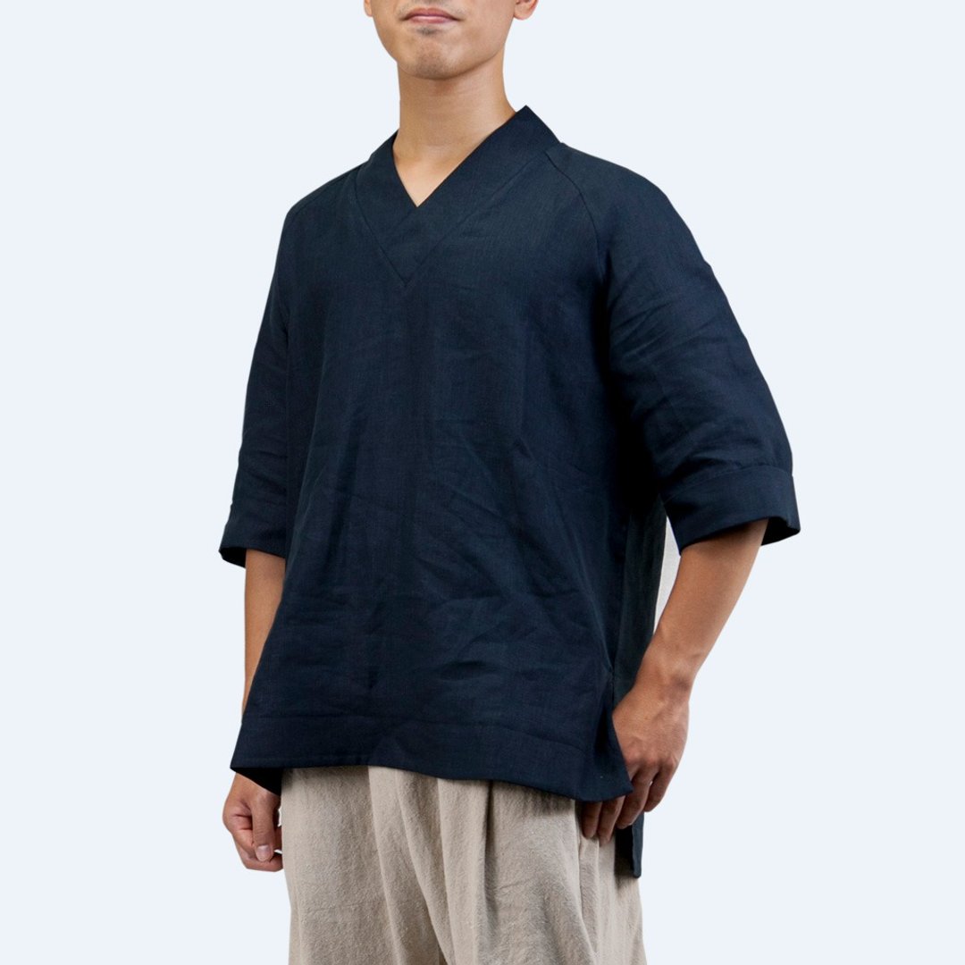 V领衫 亚麻 | 午夜蓝 - 男装上衣/T 恤 - 棉 多色