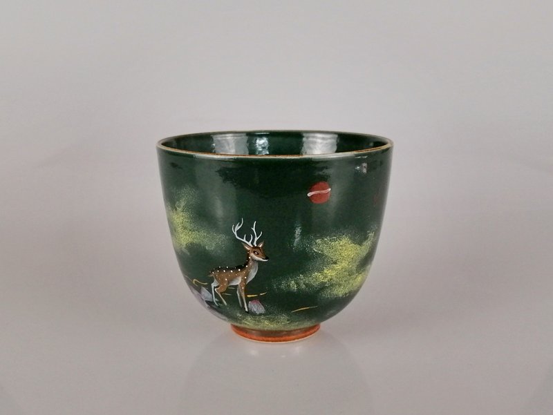 柴烧 手工 手绘 景德镇 等于堂 绿釉 仙鹿主人杯 - 茶具/茶杯 - 瓷 绿色