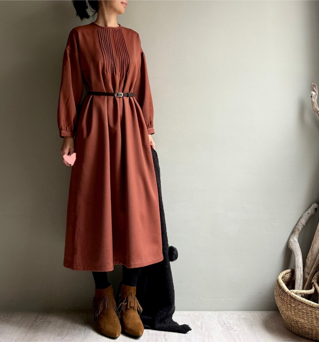 亲爱的王妃/风琴折领口法国毛料长袖长版洋装/全羊毛 WOOL - 洋装/连衣裙 - 羊毛 