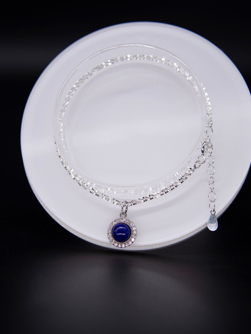 天然阿富汗老矿料青金石mini吊饰+精工极闪银手链 - 手链/手环 - 银 