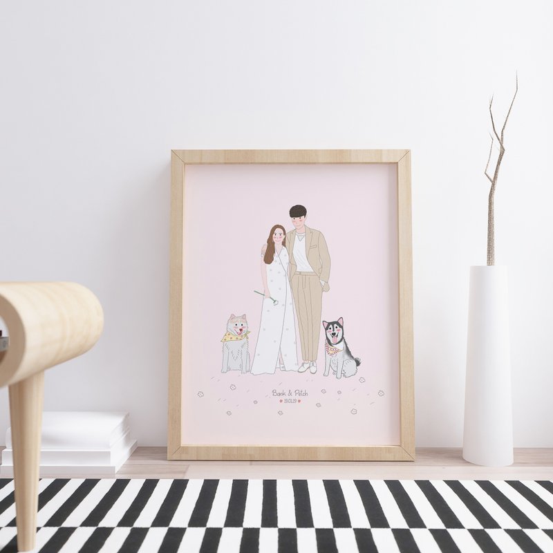 Custom illustraton of couple with pets. - 海报/装饰画/版画 - 纸 粉红色