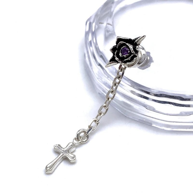 薔薇 十字架ピアス アメジスト/シルバー925 ピアス/ロックなピアス/ゴシック パンク/シルバーアクセサリー - 耳环/耳夹 - 纯银 银色