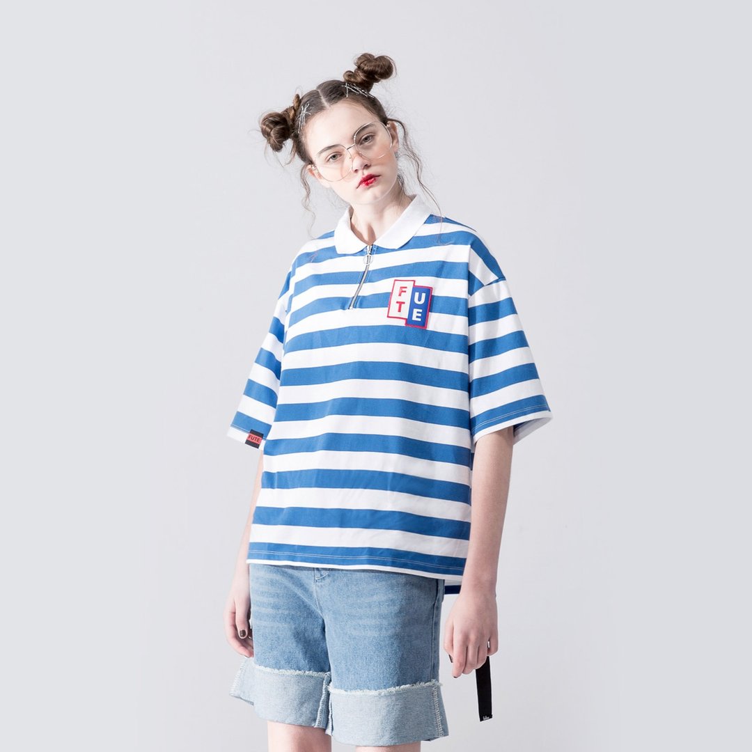 中性款 短版 宽松落肩 Polo shirt / 蓝白条 - 女装上衣 - 棉 蓝色
