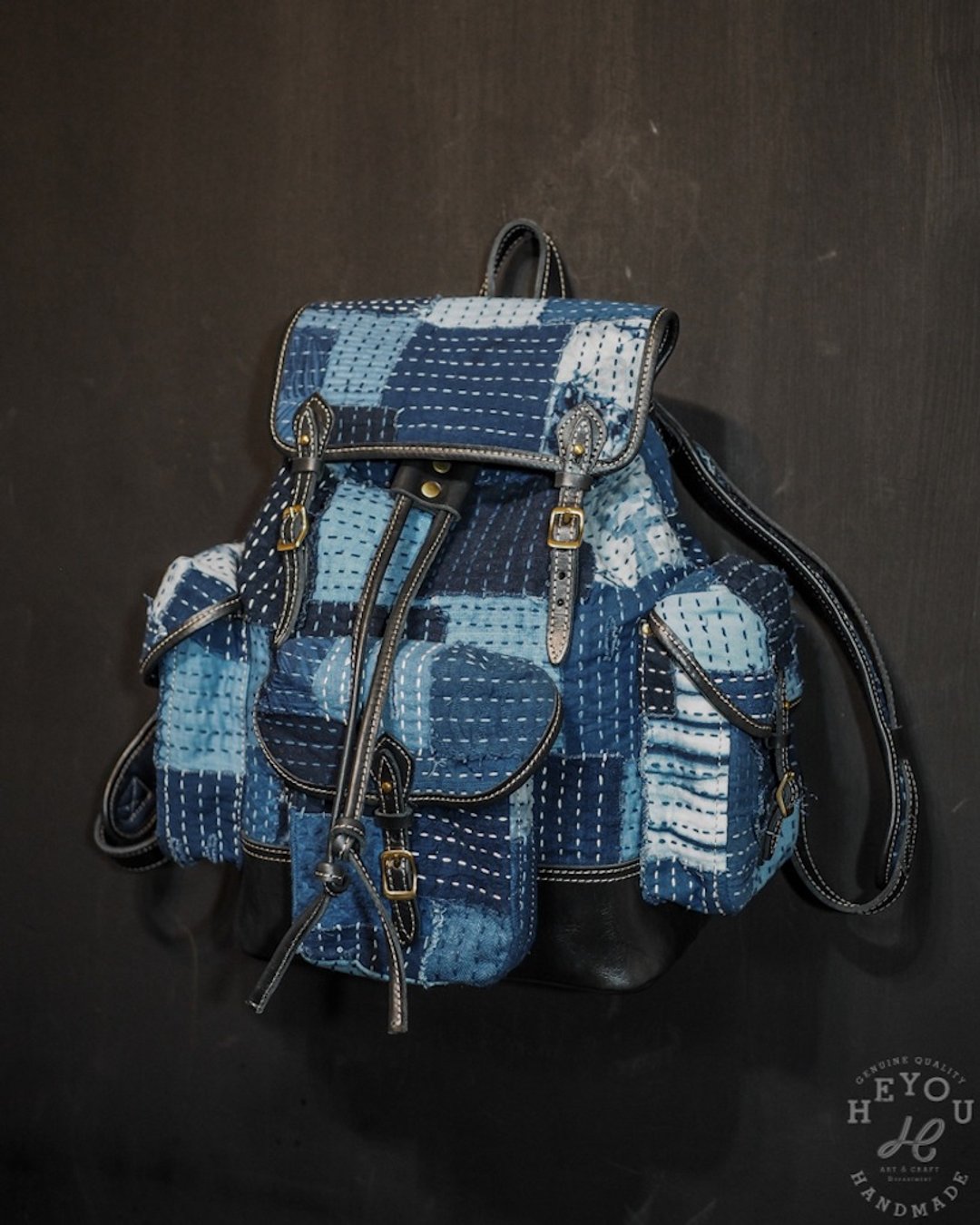 Boro Patch Indigo 褴褛拼布三口袋后背包 - 后背包/双肩包 - 棉 多色