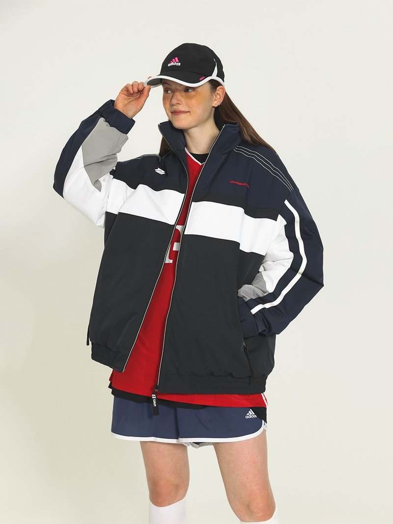 Unvesno (UN) 往日情愫-复古运动藏蓝杠条拼接棉服外套  CT-2168 - 男装外套 - 棉．麻 蓝色