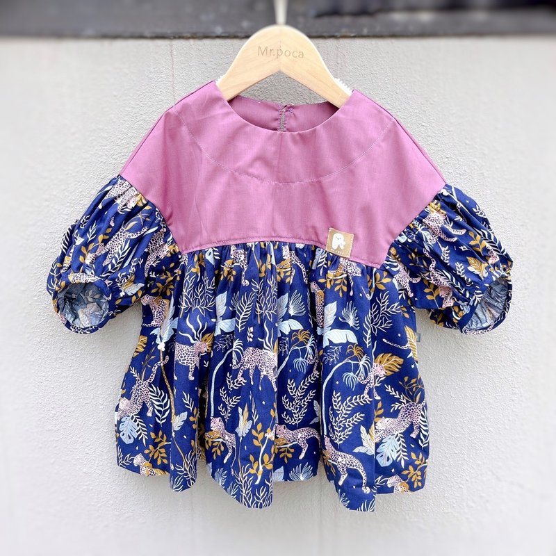 丛林美洲豹 蓝 - 泡泡袖上衣 - 童装上衣 - 棉．麻 多色