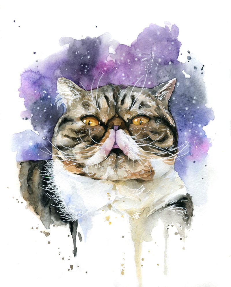Custom Watercolor Cat Portrait - 订制画像 - 纸 紫色
