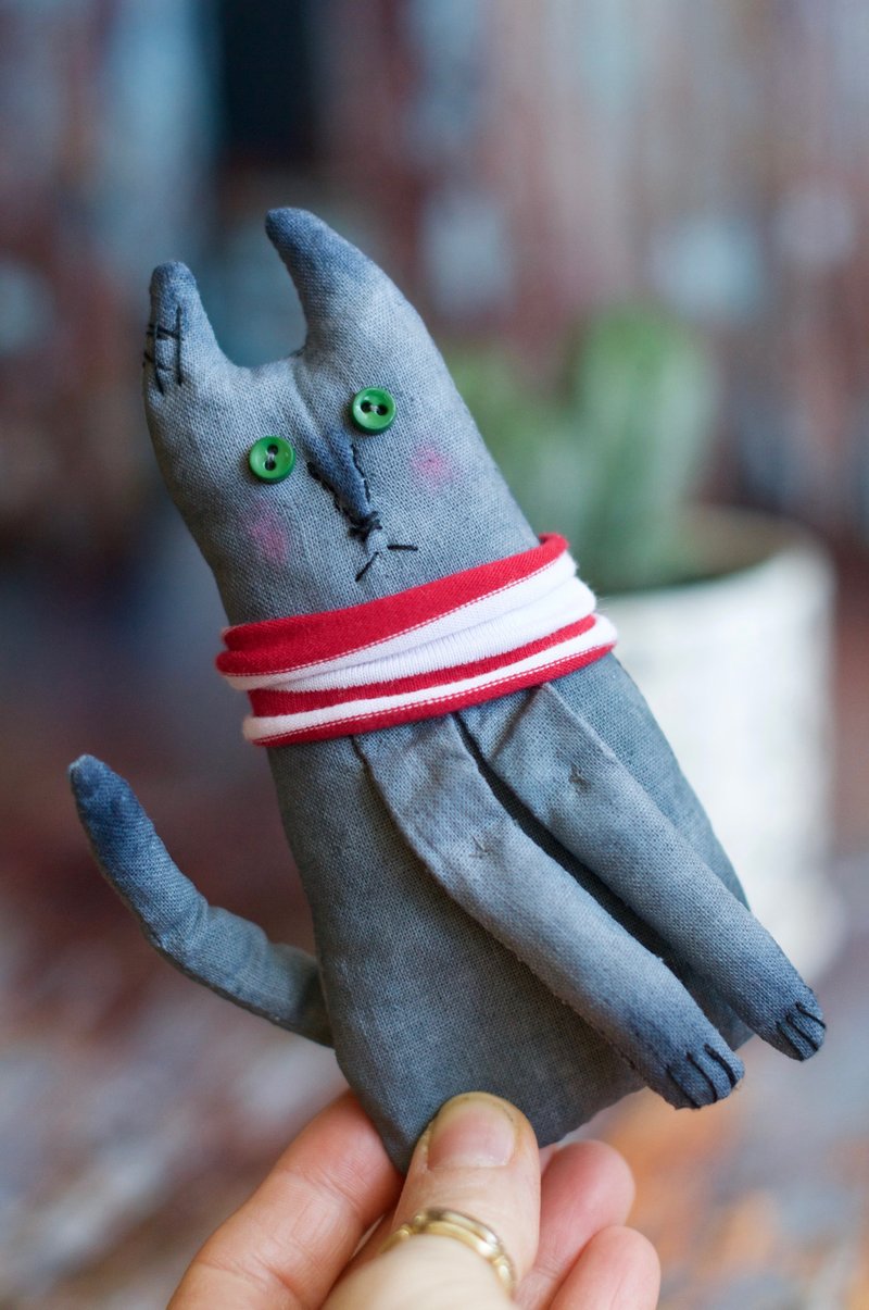 Spoony Cat - primitive textile doll - 玩偶/公仔 - 棉．麻 灰色