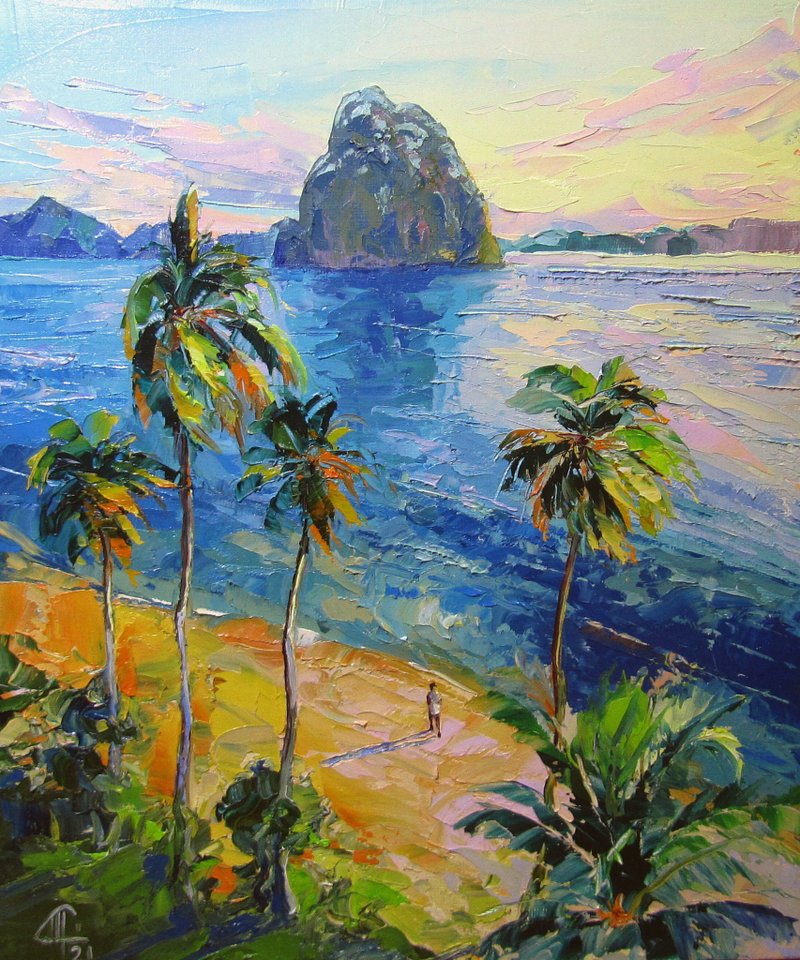 Polynesia Original Painting Palm Trees Original Art Beach Wall Art Palm Artwork - 插画/绘画/写字 - 其他材质 绿色