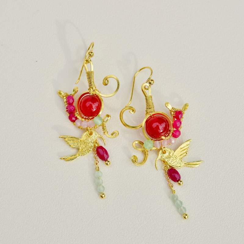 独特手工黄铜线耳环  配天然石饰 7 - 耳环/耳夹 - 铜/黄铜 金色