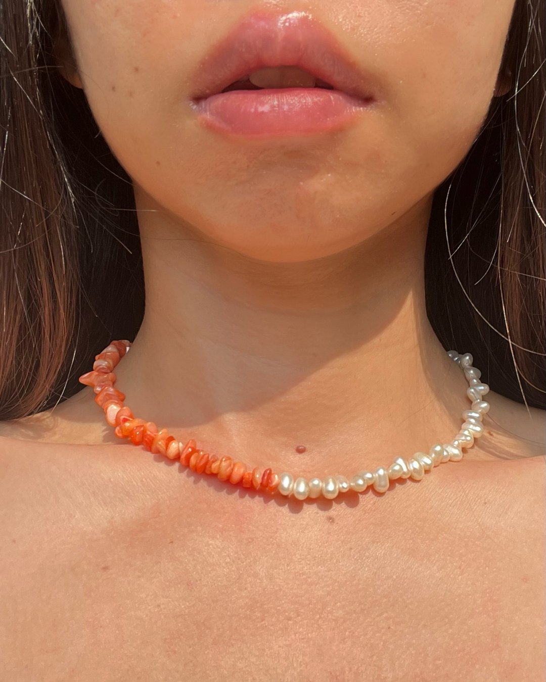 1/2 Necklace ,Freshwater Pearl ,Stone ,Gemstone necklace - 项链 - 珍珠 橘色