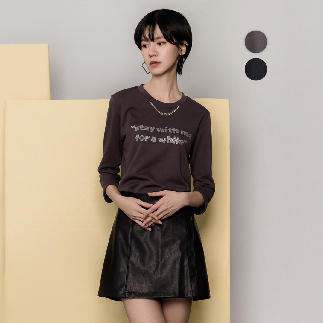 【MEDUSA】烫钻锁链吊饰T恤-2色(M-XL) | 女休闲上衣 长袖T恤 - 女装 T 恤 - 棉 灰色