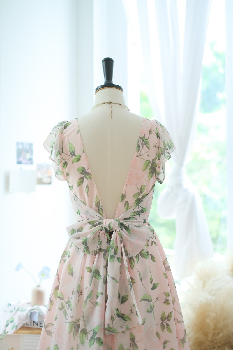 雪纺碎花连身裙 短裙 伞裙 - 洋装/连衣裙 - 聚酯纤维 粉红色