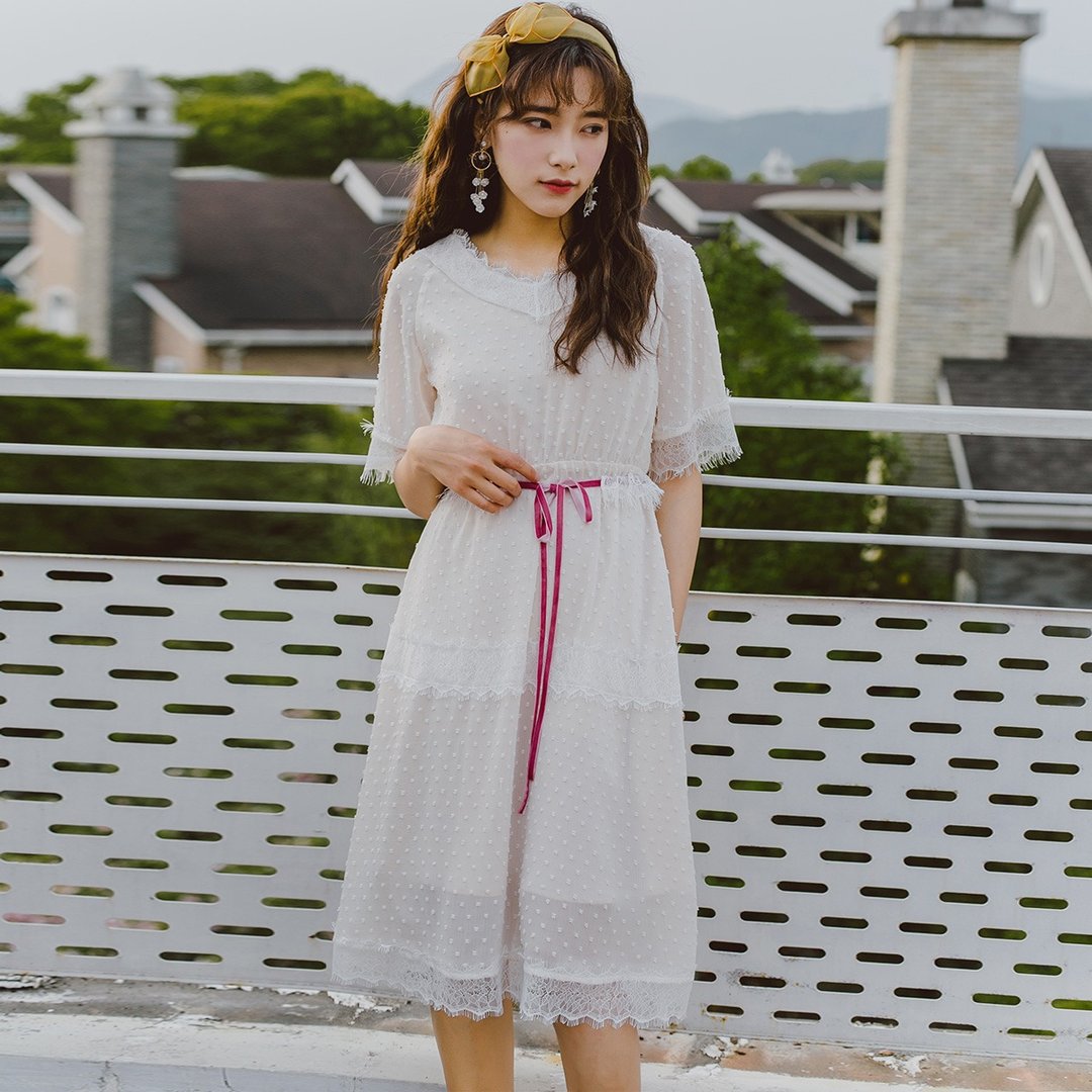 安妮陈2018夏装新款文艺女装可脱卸腰带连身裙洋装 - 洋装/连衣裙 - 聚酯纤维 白色