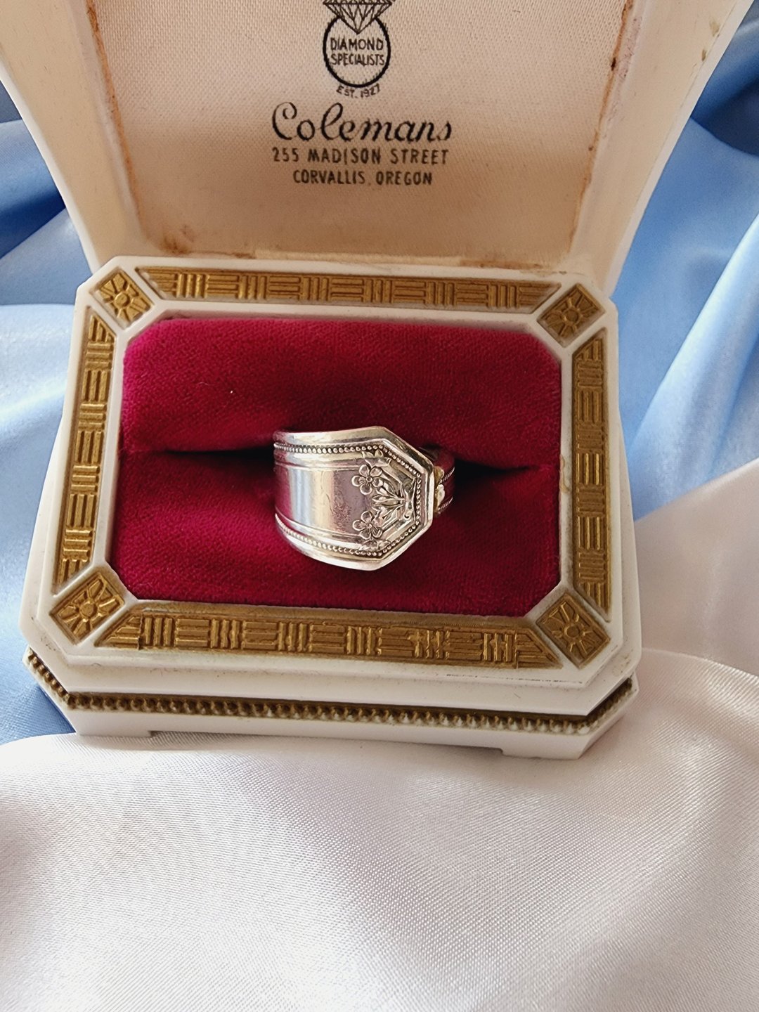 美国西洋古董饰品 / 花卉压纹边框镀银勺环复古戒指/早期首饰 - 戒指 - 其他金属 