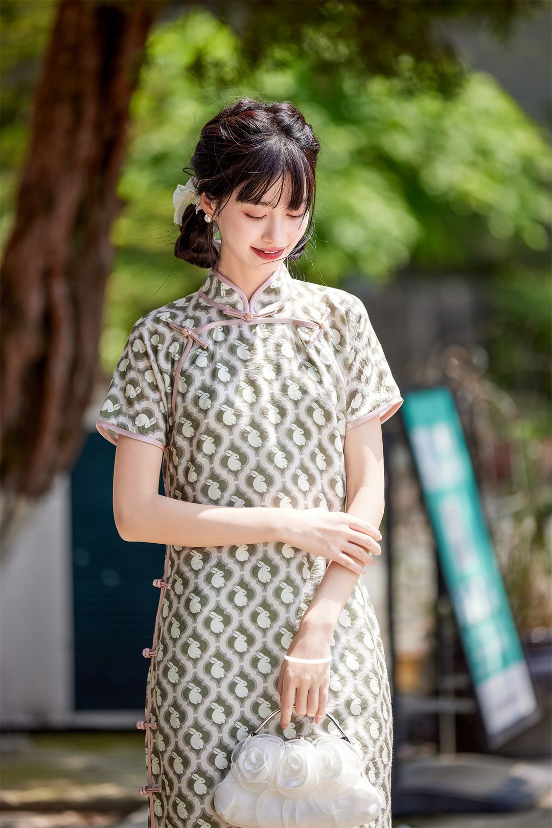 復古印花 年輕款兔子雙襟古法旗袍 新中式國風春節改良洋裝連身裙 - 旗袍 - 其他人造纤维 绿色