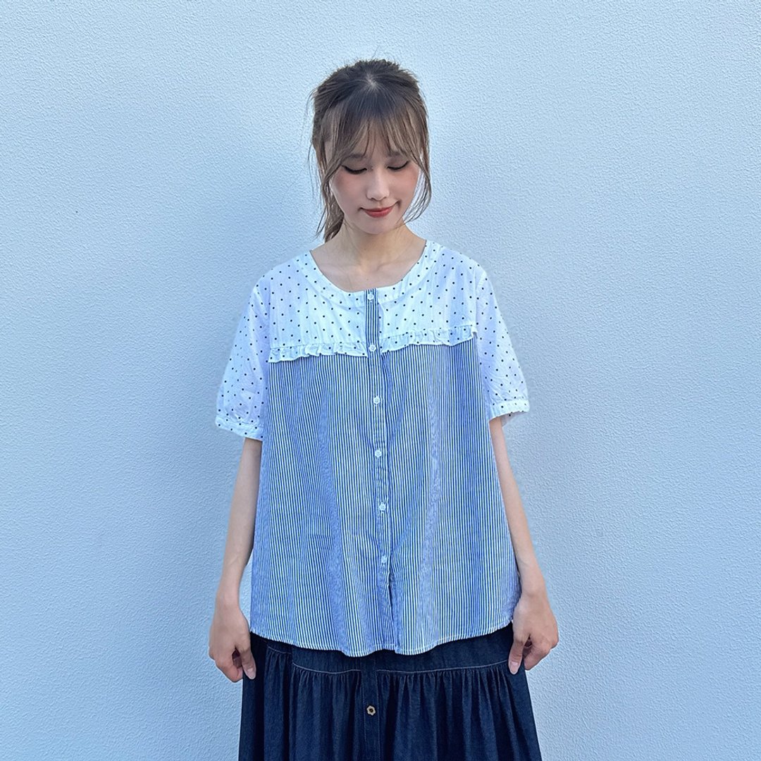 Hana Mokuba 点点线条拼接衬衫 - 女装上衣 - 其他材质 