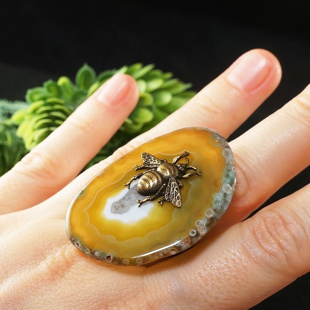 黄玛瑙切片可调式戒指 黄铜蜜蜂造型 大尺寸宣言戒指 饰品 - 戒指 - 半宝石 黄色