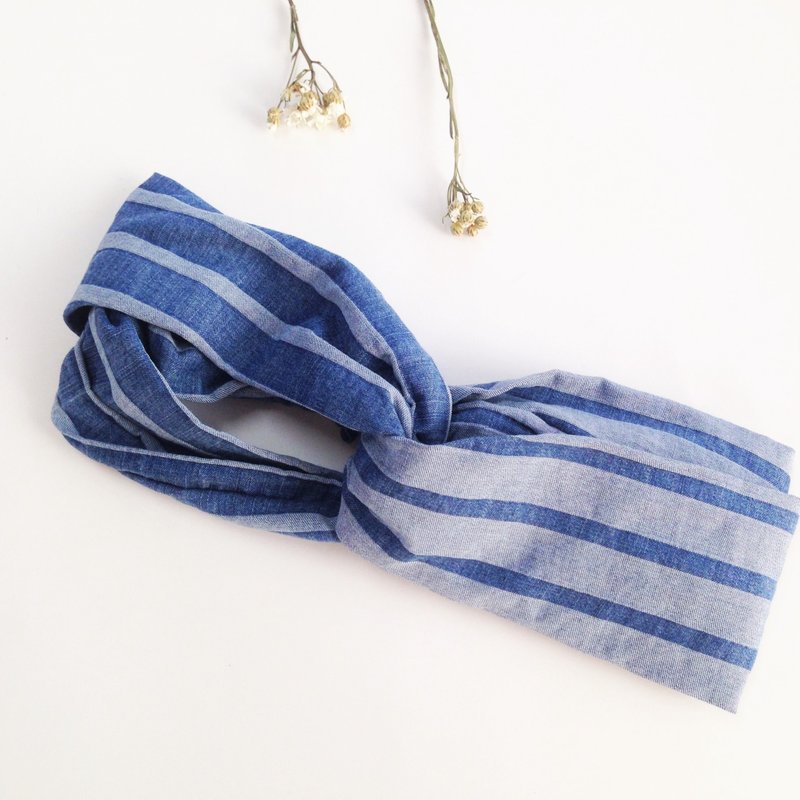 牛仔泡条 - 千晨 双环 手工 松紧 发带 - 发饰 - 棉．麻 蓝色