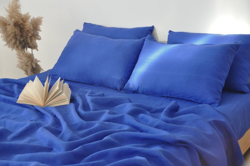 Royal blue linen flat sheet / Linen bedsheet / Softened stonewashed linen sheet - 寝具 - 亚麻 蓝色