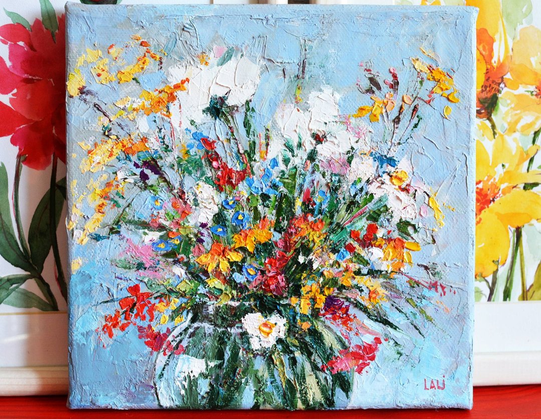 草地上的花朵原创油画厚涂画布 20x20 厘米现代野花 - 插画/绘画/写字 - 其他材质 黄色