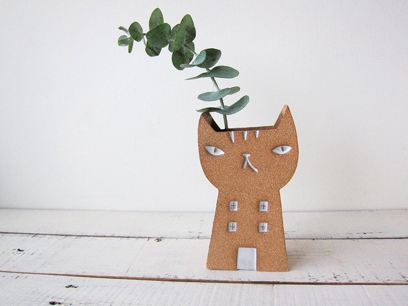 新版-猫房子-阿菊 / 花器 陶摆饰 - 花瓶/陶器 - 陶 橘色