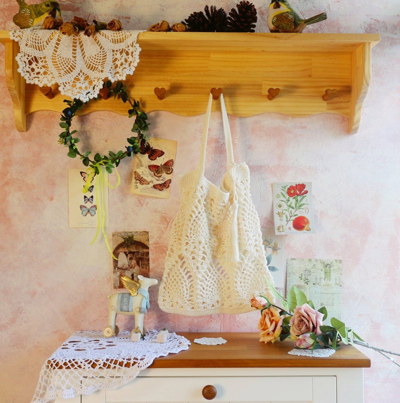 【现货】Handmade手工编织/苎麻绳编织网袋/购物袋/肩背包/流苏 - 手提包/手提袋 - 棉．麻 白色