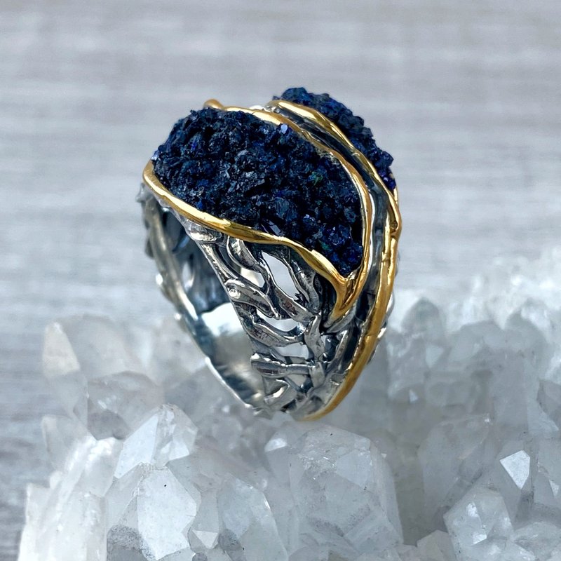 Azurite ring in sterling silver and 24 K gold plated for women, Armenia jewelry - 戒指 - 纯银 蓝色
