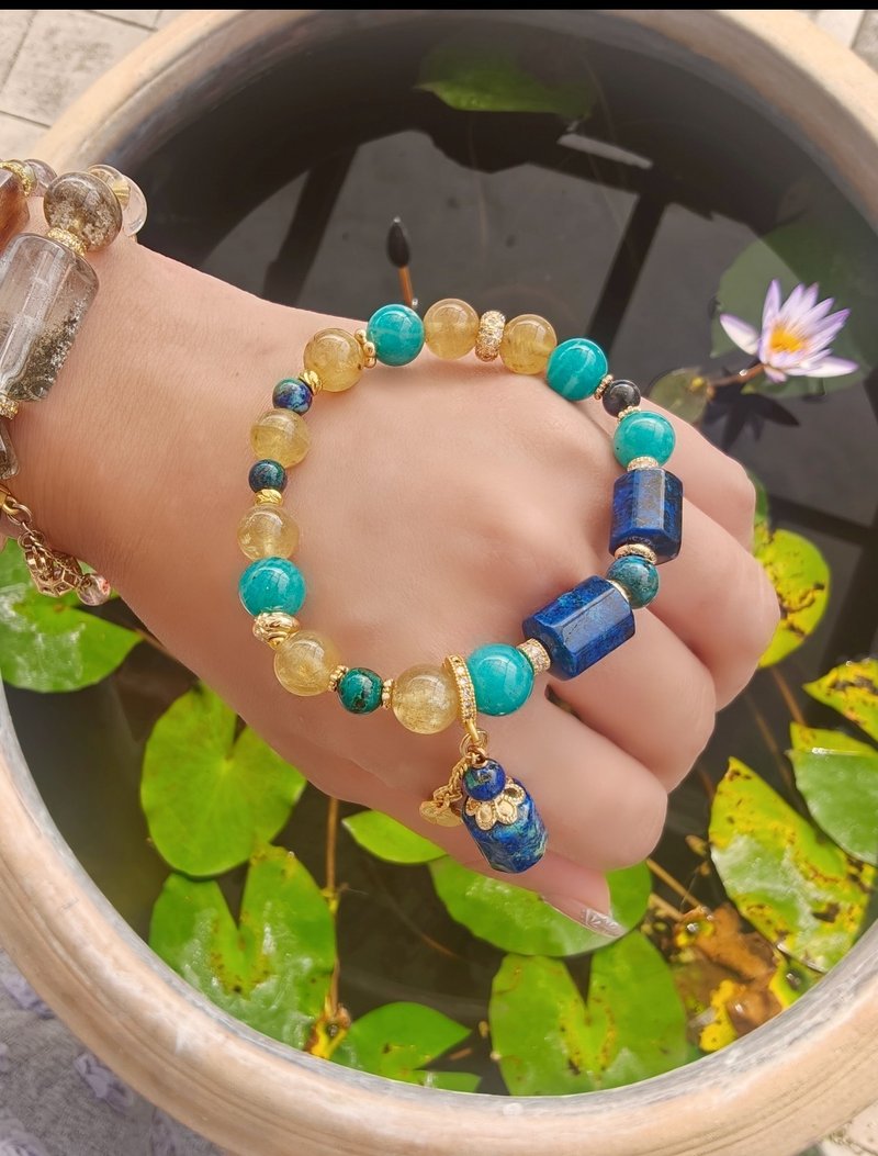 顶级蓝铜矿、高品老料天河、高品猫眼黄磷灰 - 手链/手环 - 水晶 