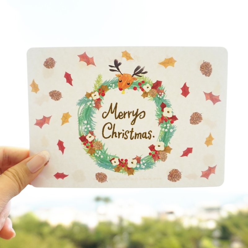 【手工明信片】花圈麋鹿-手写烫金 - 卡片/明信片 - 纸 多色