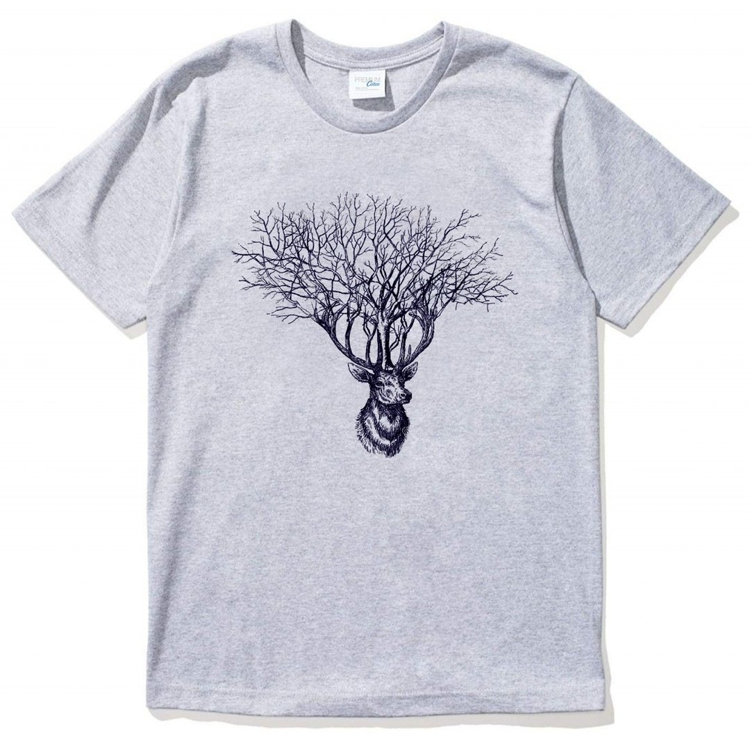 Deer Tree【现货】短袖t恤 灰色 鹿树麋鹿设计文青自创品牌动物 - 男装上衣/T 恤 - 棉 灰色