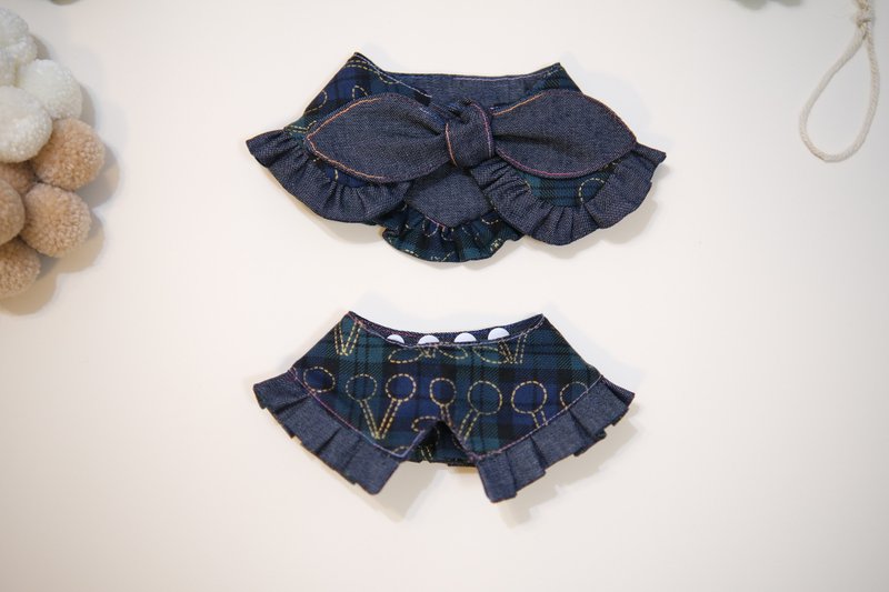 蓝绿格仔樱桃 x 牛仔 蝴蝶结斗篷cut - 4way绑绳款 - 项圈/牵绳 - 棉．麻 