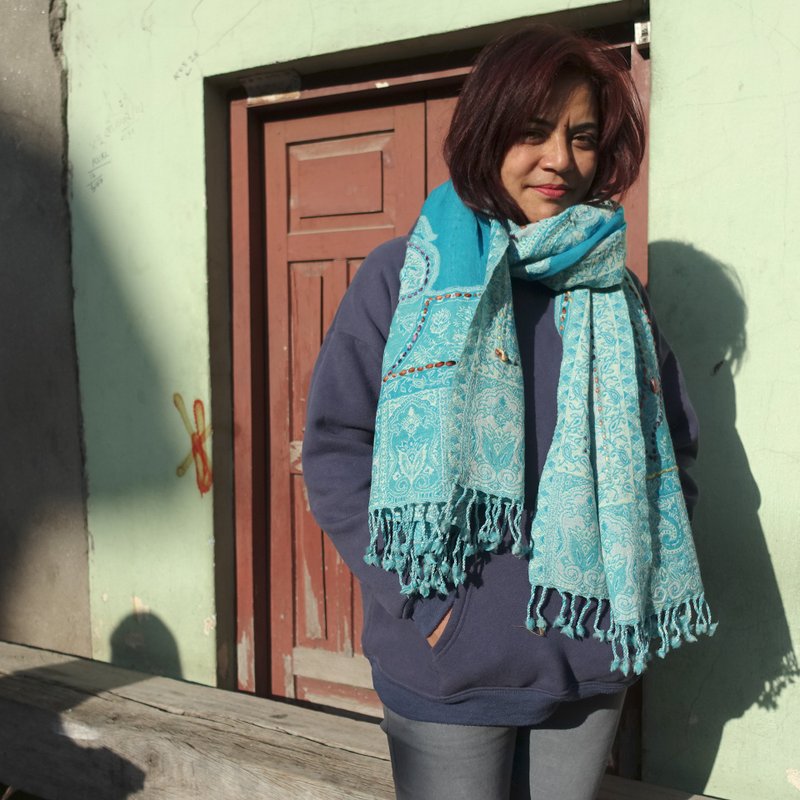 手工刺绣・水煮羊毛披肩围巾・居家挂毯 - 围巾/披肩 - 羊毛 蓝色