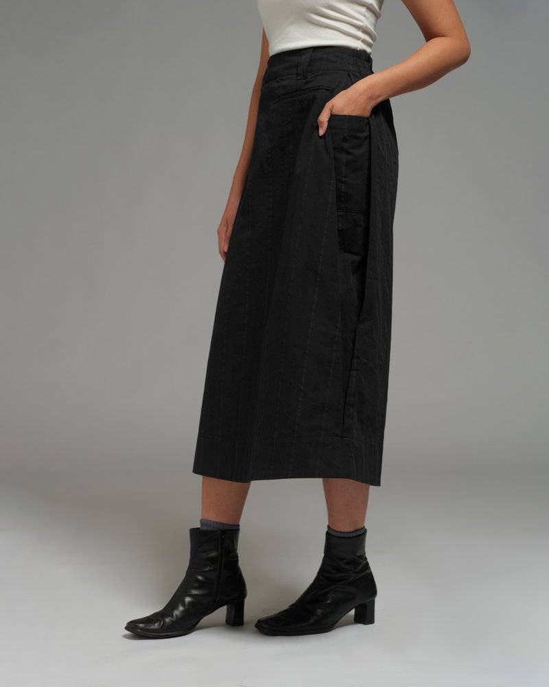 女装：侧褶裙 (黑色) - 裙子 - 棉．麻 黑色