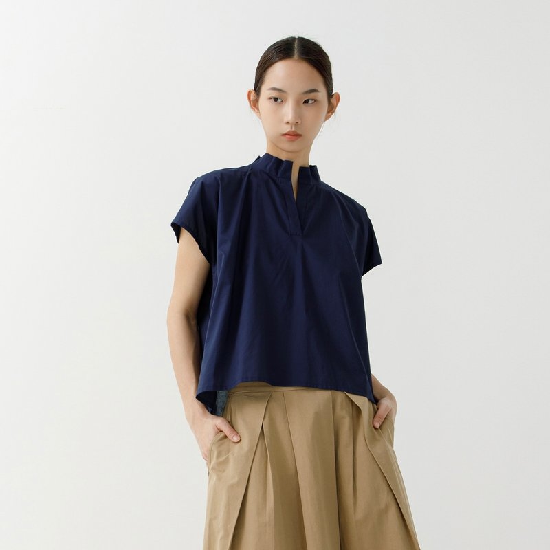 宽肩盖袖小露背上衣 - 女装上衣 - 棉．麻 蓝色