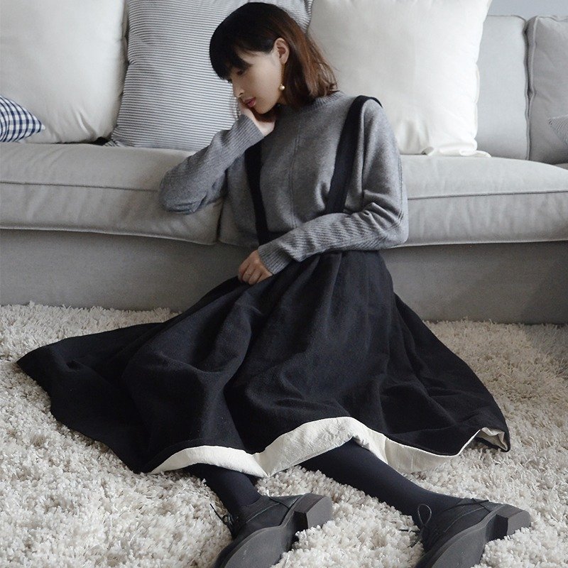 日系高腰加厚背带裙|裙子|棉麻混纺+老麻布|独立品牌|Sora-88 - 裙子 - 棉．麻 黑色