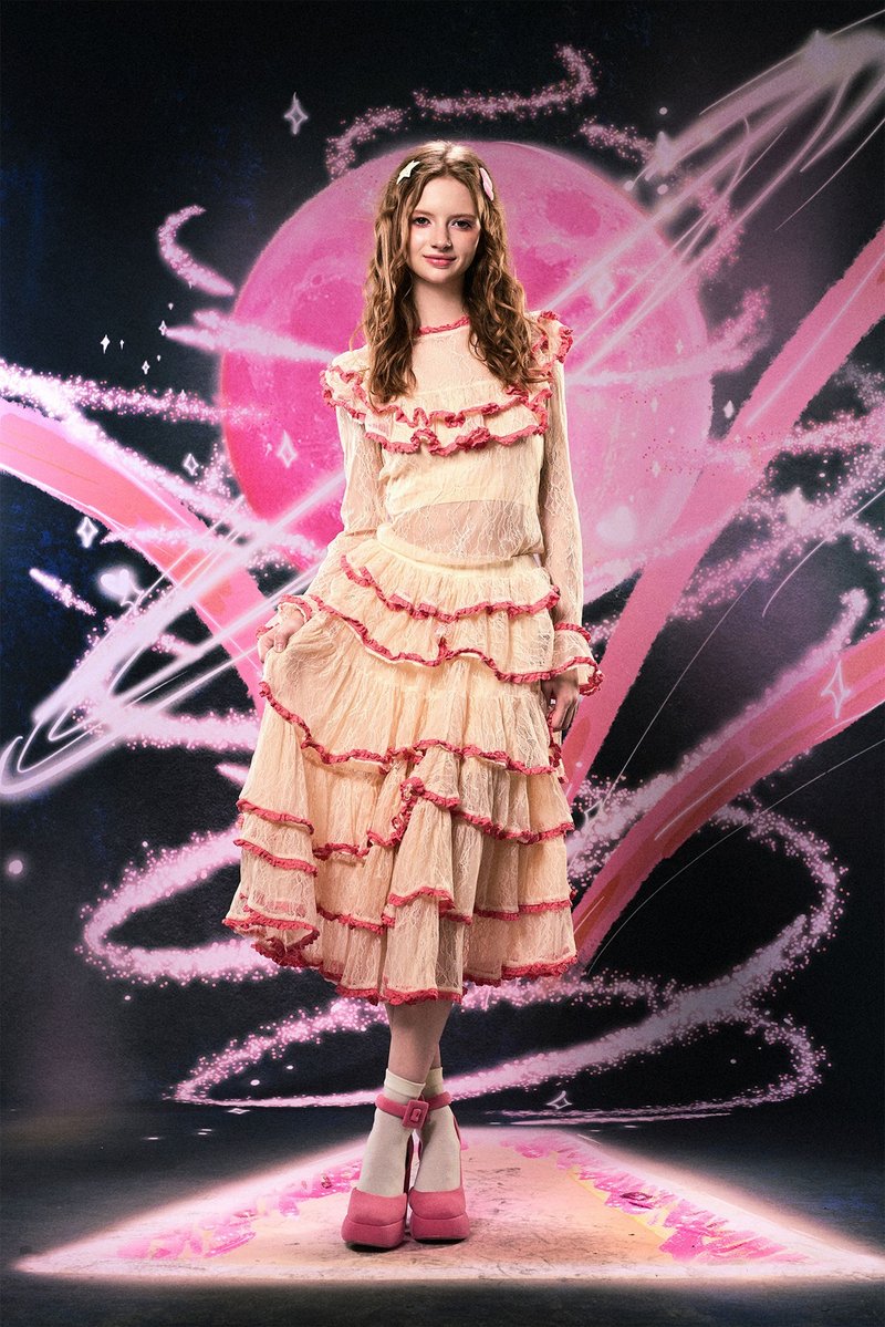 Monsssstar显形 原创设计师品牌纯棉高级蕾丝拼接两件套大摆裙 - 洋装/连衣裙 - 棉．麻 粉红色