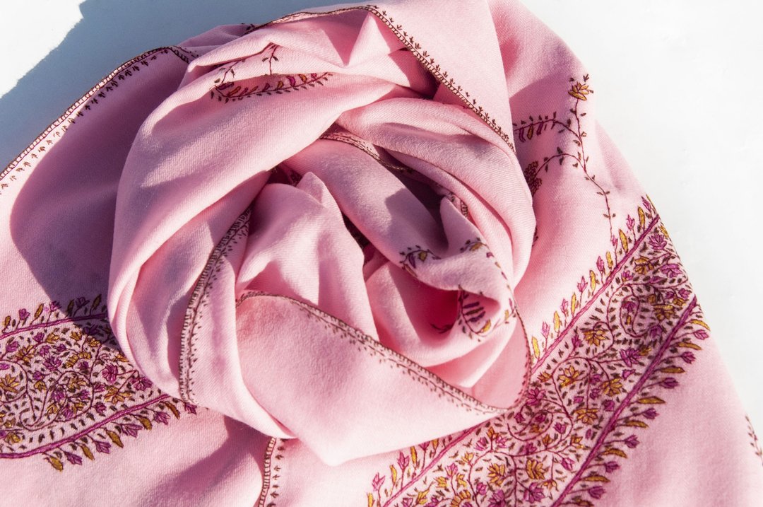 喀什米尔Cashmere 手织围巾 编织围巾 羊绒围巾纯羊毛围巾披巾-花 - 围巾/披肩 - 羊毛 粉红色